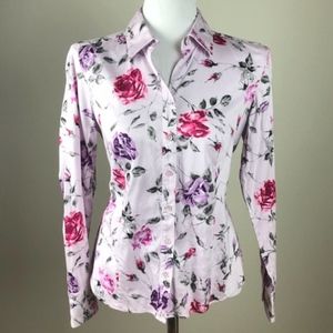 Ann Taylor Stretch Floral Lavender Button Up Shirt